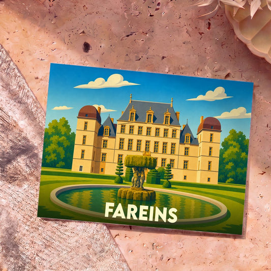 Carte postale souvenir de la ville de Fareins avec une illustration stylisée d'un château et de ses jardins.