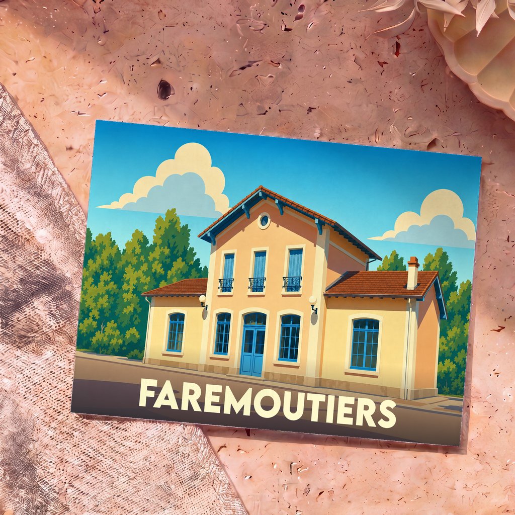 Carte postale souvenir de la ville de Faremoutiers illustrant son ancienne gare dans un style vintage et coloré.