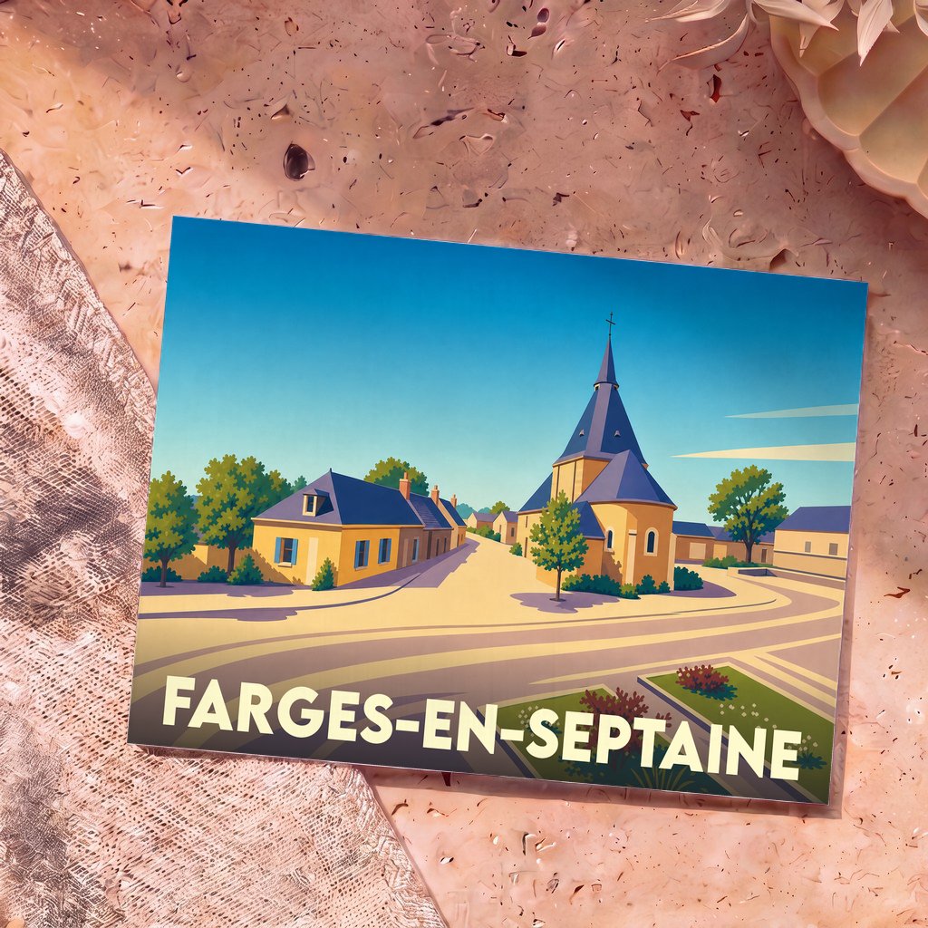 Carte postale souvenir de la commune de Farges-en-Septaine avec une illustration stylisée de son église et de ses maisons.