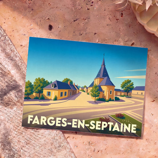 Carte postale souvenir de la commune de Farges-en-Septaine avec une illustration stylisée de son église et de ses maisons.