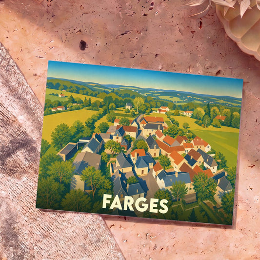 Carte postale souvenir de la ville de Farges avec une illustration stylisée de son paysage rural.