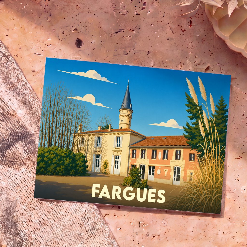 Carte postale souvenir de la ville de Fargues avec une illustration stylisée de son château.