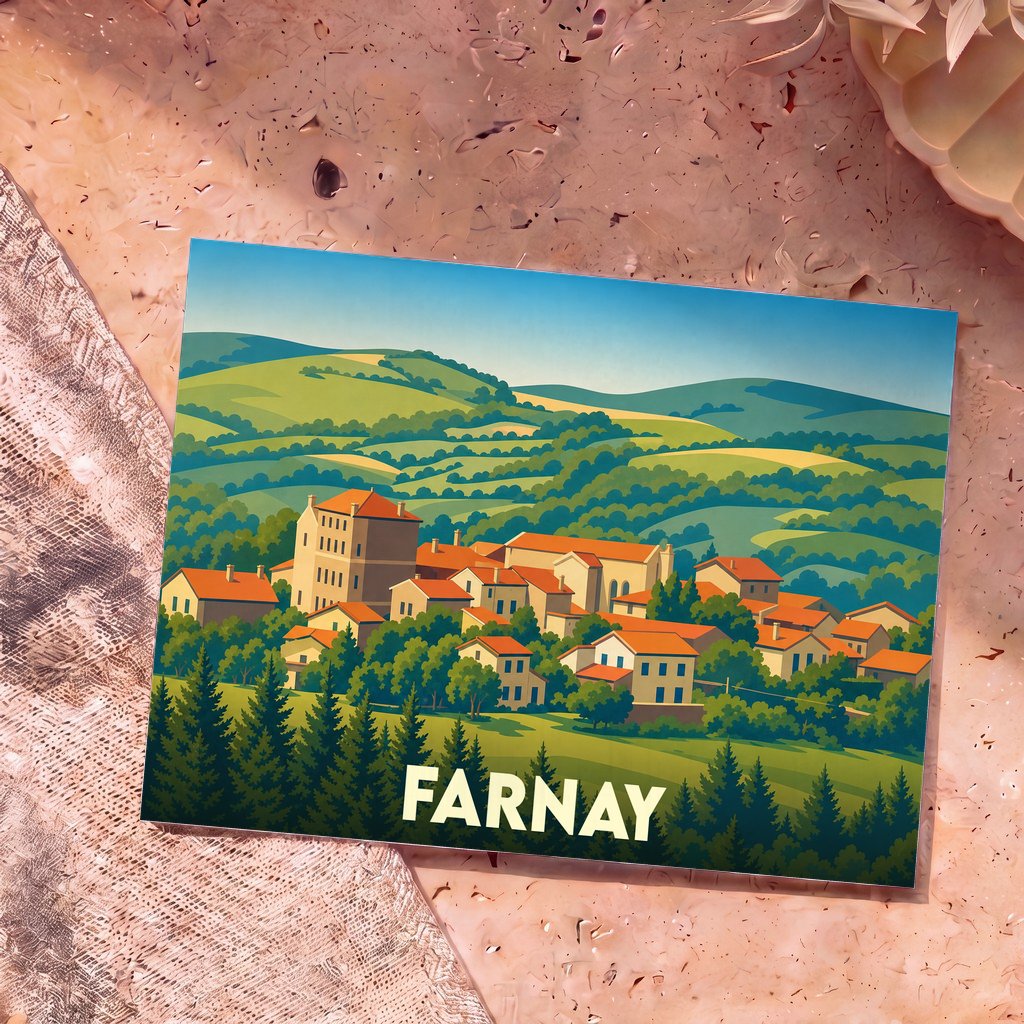 Carte postale souvenir de la ville de Farnay arborant une illustration stylisée d'un village vallonné.