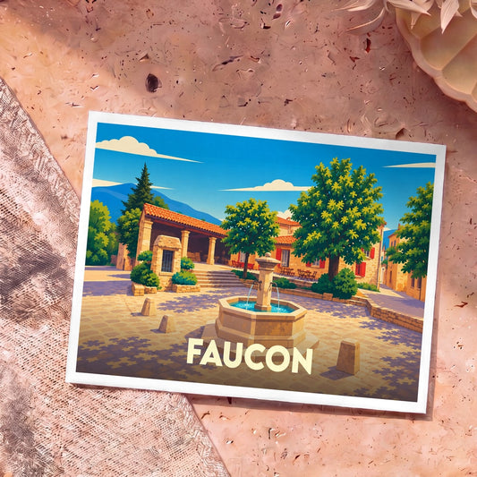 Carte postale souvenir de la ville de Faucon avec une illustration stylisée d'une place ensoleillée et sa fontaine.