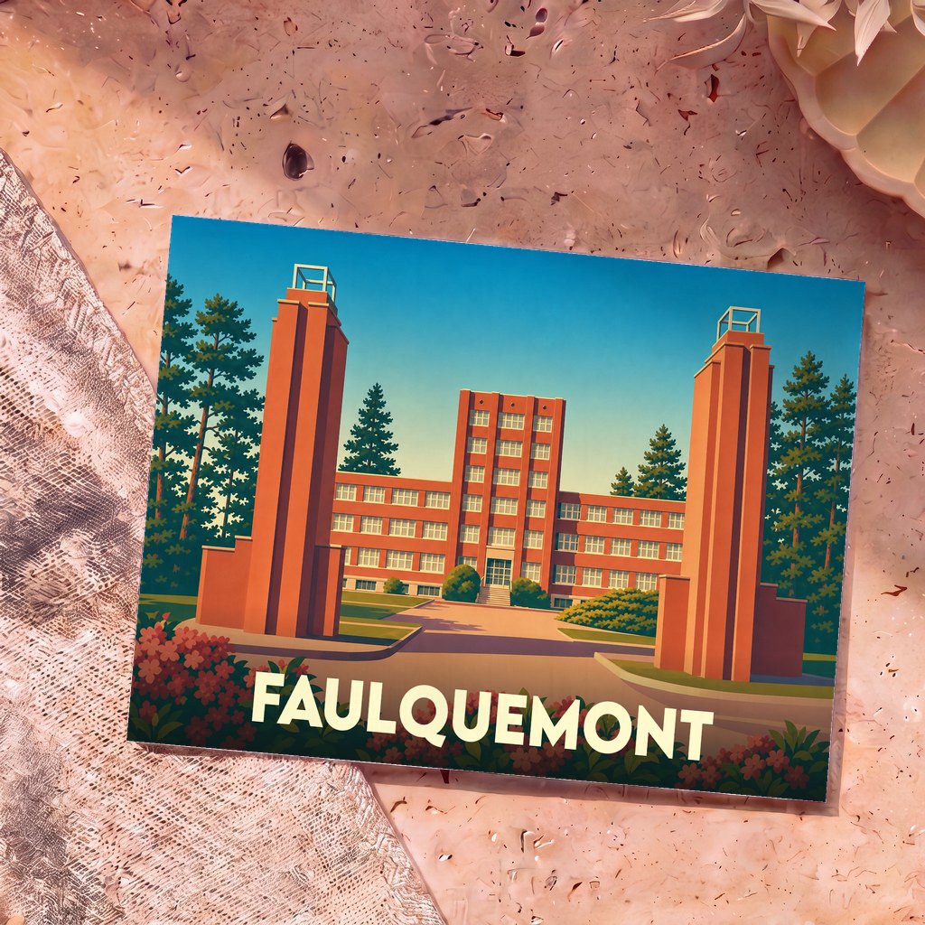Carte postale souvenir de la ville de Faulquemont avec une illustration stylisée de son architecture.