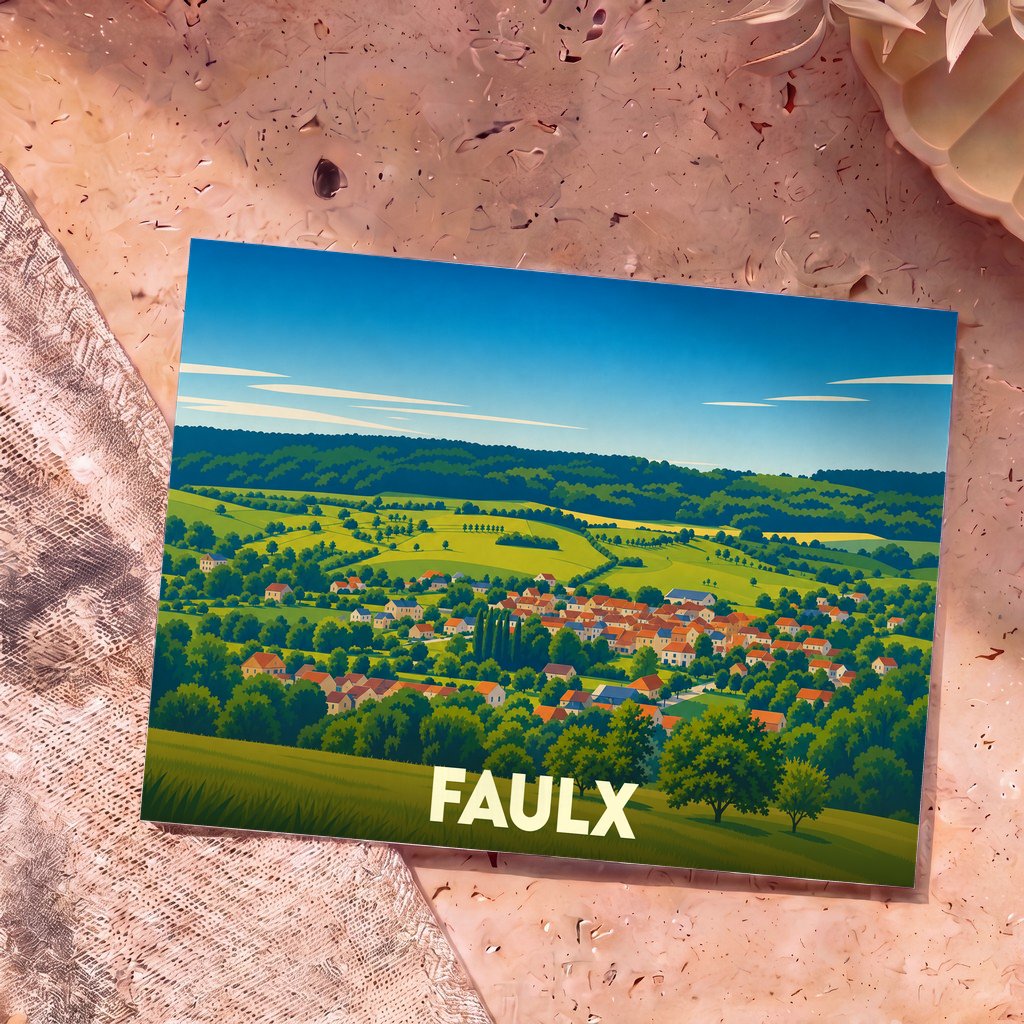 Carte postale souvenir de la ville de Faulx avec une illustration stylisée d'un village dans une vallée verdoyante.