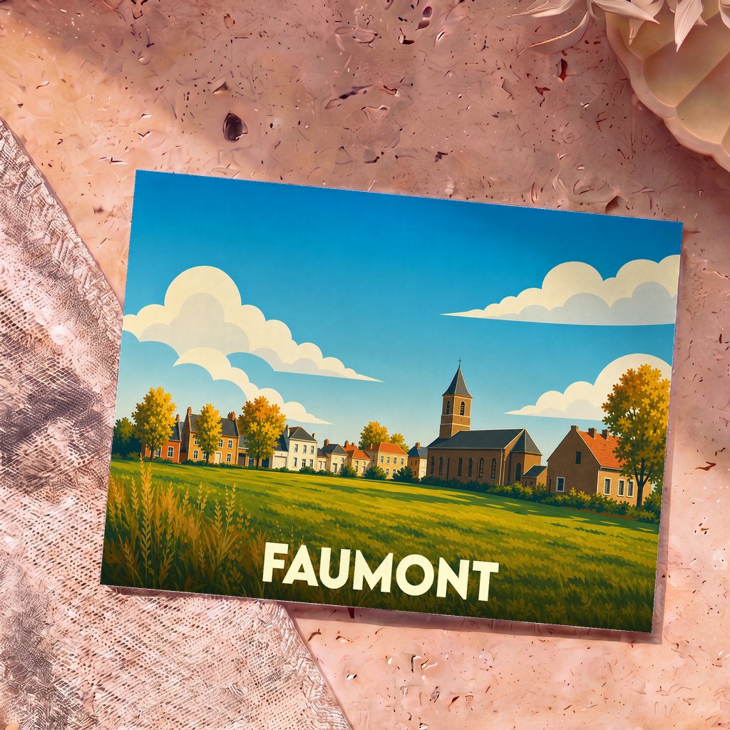 Carte postale souvenir de la ville de Faumont avec une illustration colorée et stylisée de son paysage.