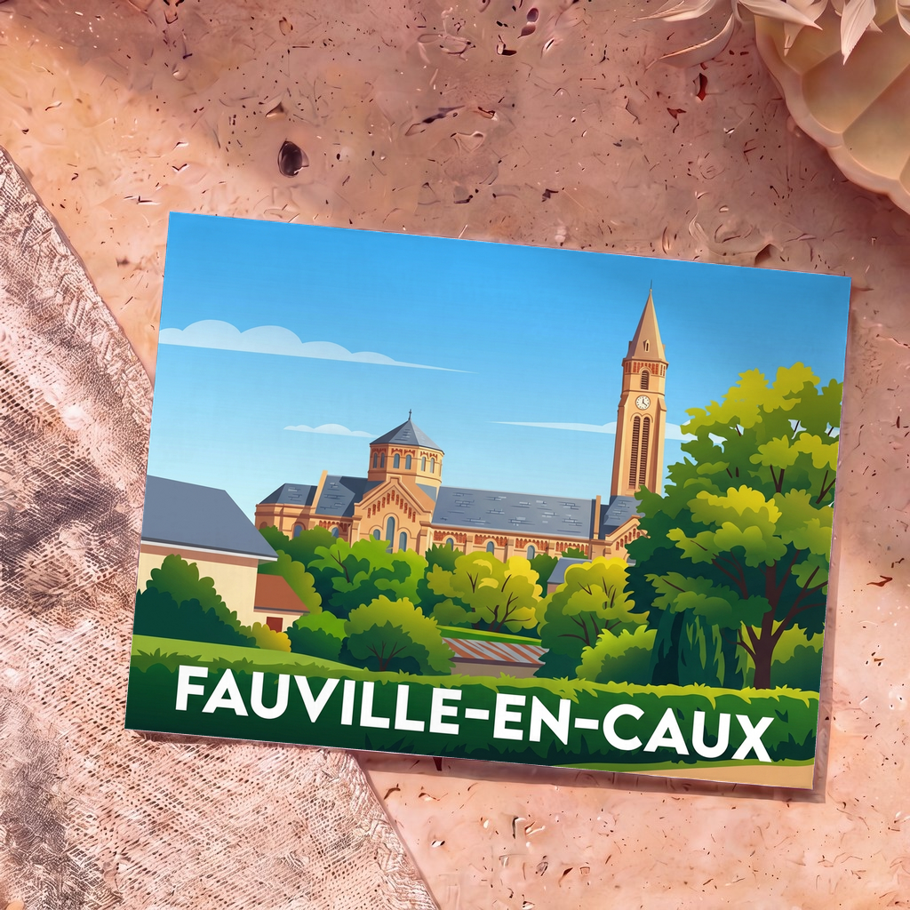 Carte postale souvenir de la ville de Fauville-en-Caux avec une illustration stylisée de son église et de son clocher.