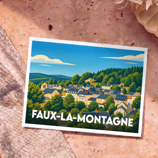 Carte postale souvenir de Faux-la-Montagne arborant une illustration stylisée et colorée du village niché dans la verdure.