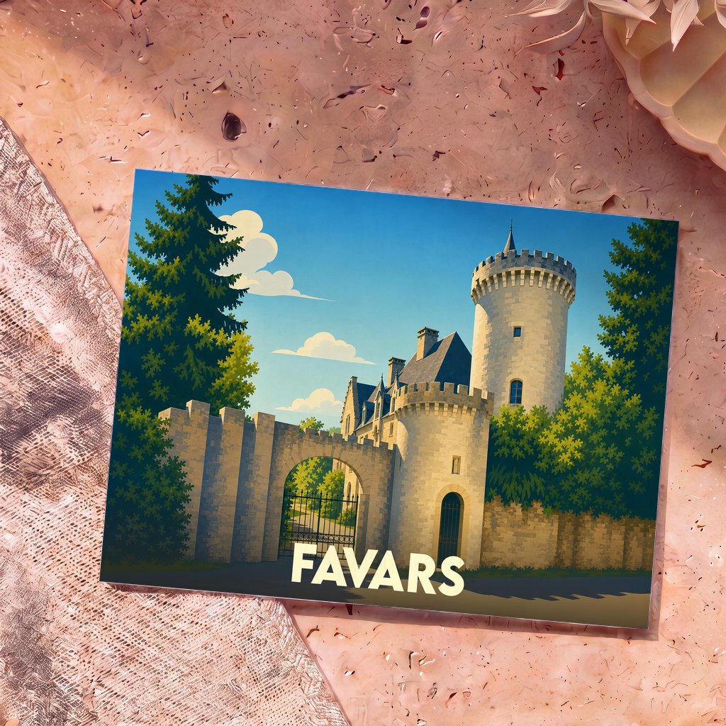 Carte postale souvenir de la ville de Favars illustrant son château dans un style graphique épuré.