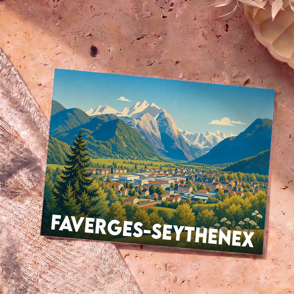 Carte postale souvenir de la ville de Faverges-Seythenex arborant une illustration stylisée de la vallée et des montagnes enneigées.