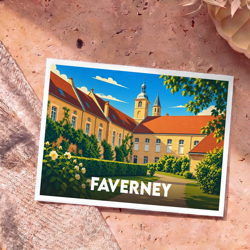 Carte postale souvenir de la ville de Faverney avec une illustration stylisée de son abbaye et de ses jardins.