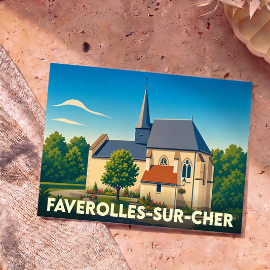 Carte postale souvenir de la ville de Faverolles-sur-Cher avec une illustration stylisée de son église.