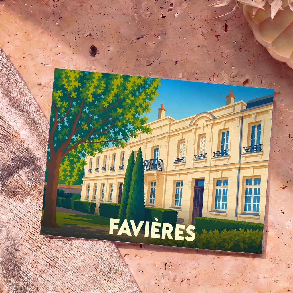 Carte postale souvenir de la ville de Favières avec une illustration stylisée d'un bâtiment élégant et d'un jardin.