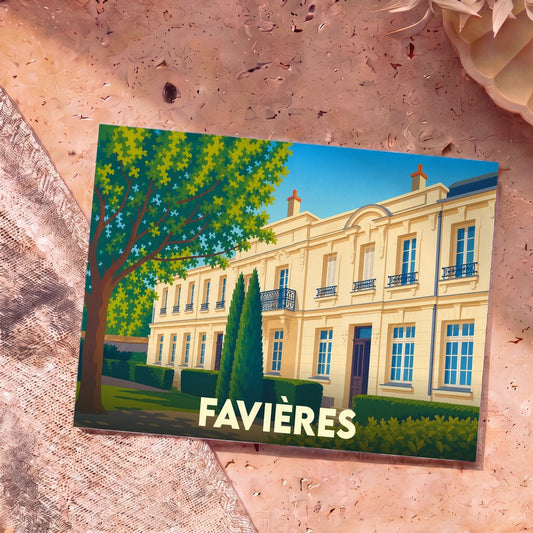 Carte postale souvenir de la ville de Favières avec une illustration stylisée d'un bâtiment élégant et d'un jardin.