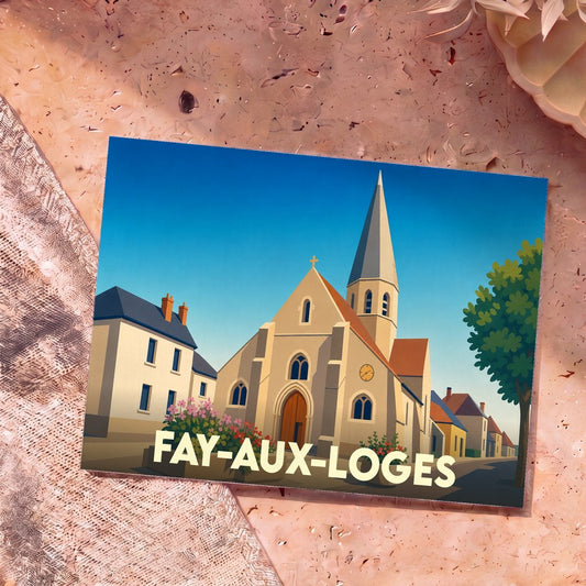 Carte postale souvenir de la ville de Fay-aux-Loges avec une illustration stylisée de son église.