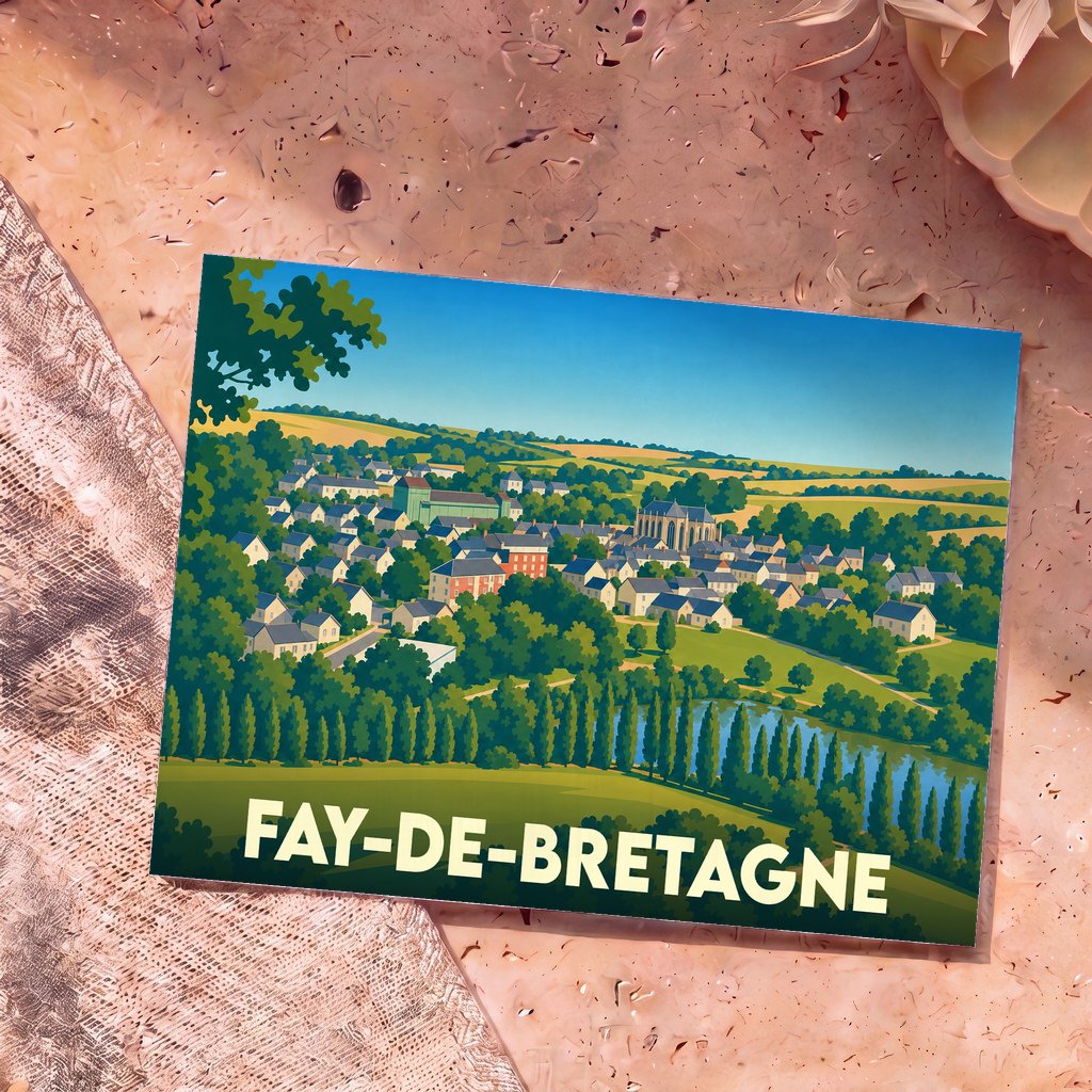 Carte postale souvenir de la ville de Fay-de-Bretagne avec une illustration paysagère colorée et stylisée.