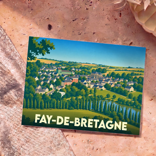 Carte postale souvenir de la ville de Fay-de-Bretagne illustrée par une vue panoramique stylisée du village.