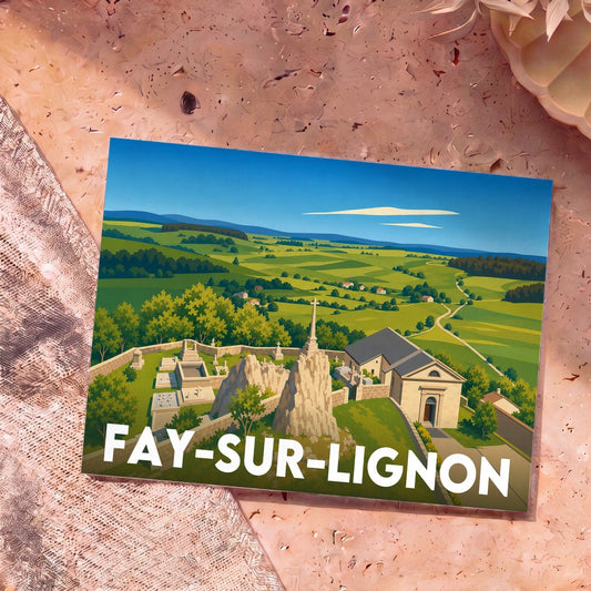 Carte postale souvenir de la ville de Fay-sur-Lignon avec une illustration stylisée de son paysage et de son église.