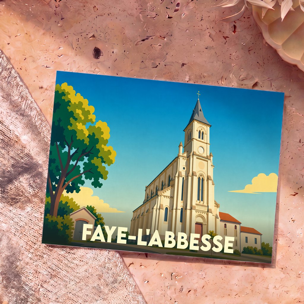 Carte postale souvenir de Faye-l'Abbesse illustrant son église dans un style graphique épuré.