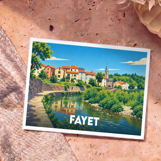 Carte postale souvenir de la ville de Fayet avec une illustration stylisée d'un village en bord de rivière.