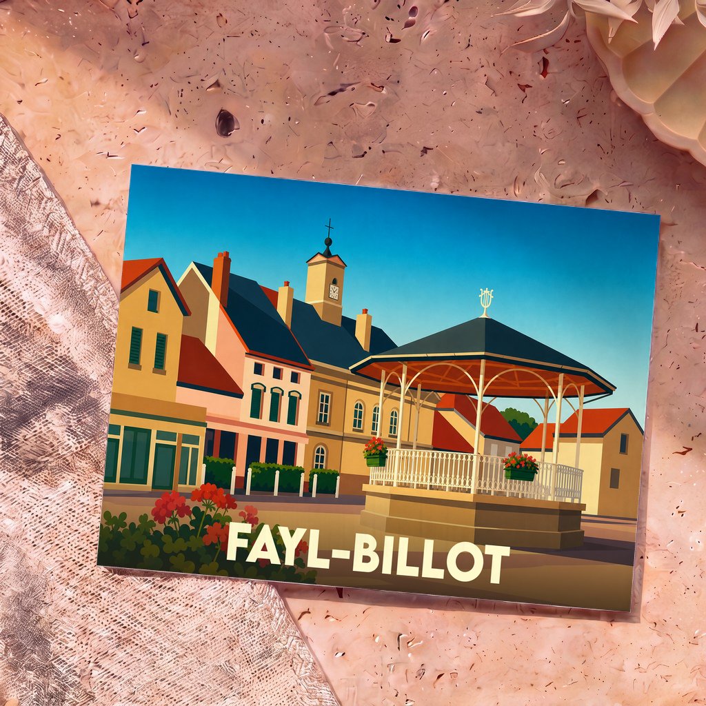 Carte postale souvenir de la ville de Fayl-Billot avec une illustration stylisée de son kiosque et de son centre-ville.