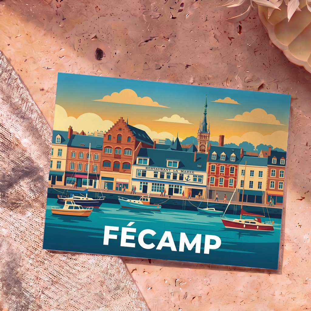 Carte postale souvenir de la ville de Fécamp avec une illustration stylisée de son port et de son front de mer.