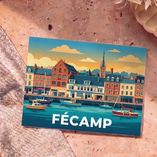 Carte postale souvenir de la ville de Fécamp avec une illustration stylisée de son port et de son front de mer.