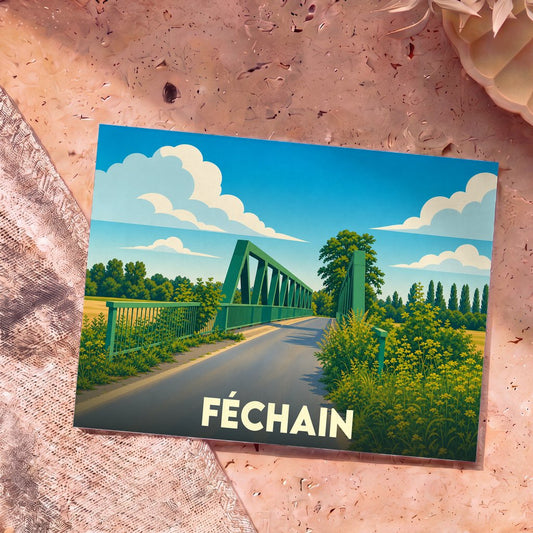 Carte postale souvenir de la ville de Féchain illustrant un pont vert dans un paysage verdoyant au style graphique épuré.