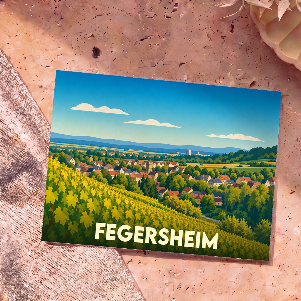 Carte postale souvenir de la ville de Fegersheim avec une illustration stylisée de son paysage de vignobles.