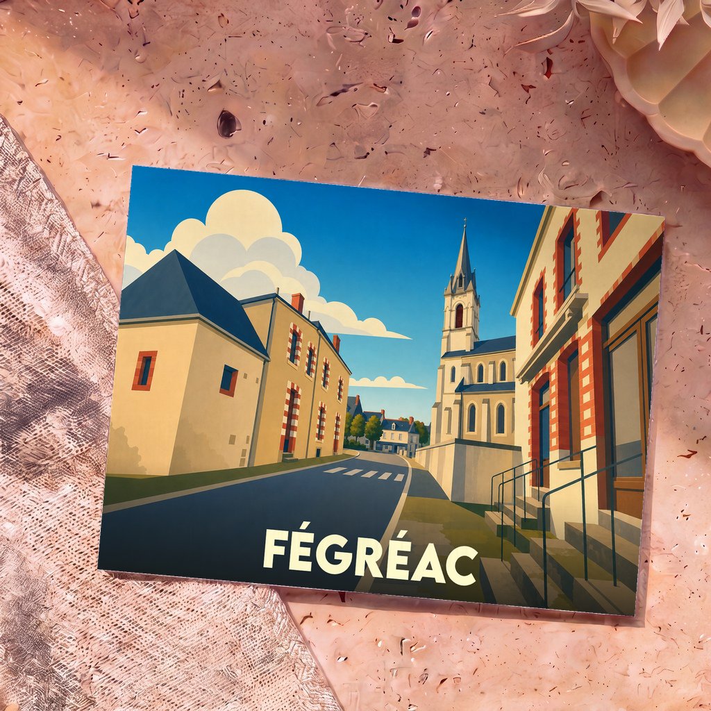 Carte postale souvenir de la ville de Fégréac avec une illustration stylisée montrant ses bâtiments typiques et son église.