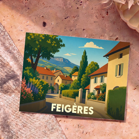 Carte postale souvenir de la ville de Feigères avec une illustration stylisée.