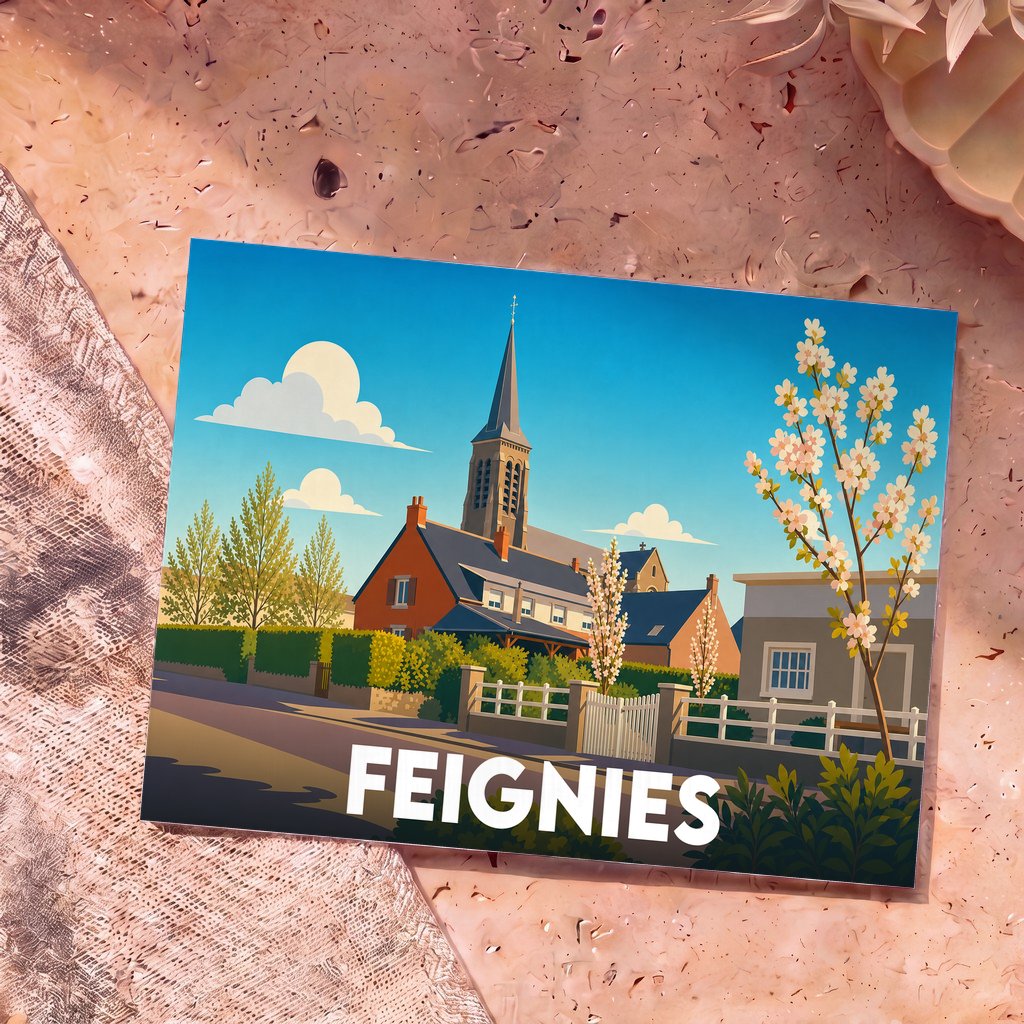 Carte postale souvenir de la ville de Feignies avec une illustration stylisée d'un village ensoleillé.