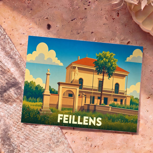 Carte postale souvenir de la ville de Feillens avec une illustration stylisée d'un bâtiment historique sous un ciel ensoleillé.