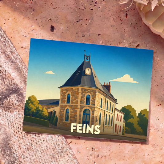 Carte postale souvenir de la ville de Feins représentant une illustration stylisée de sa mairie.