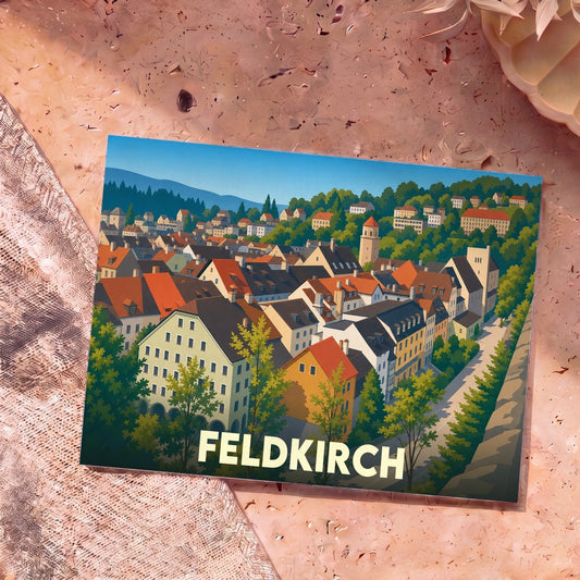 Carte postale souvenir de la ville de Feldkirch avec une illustration stylisée et colorée de ses maisons.