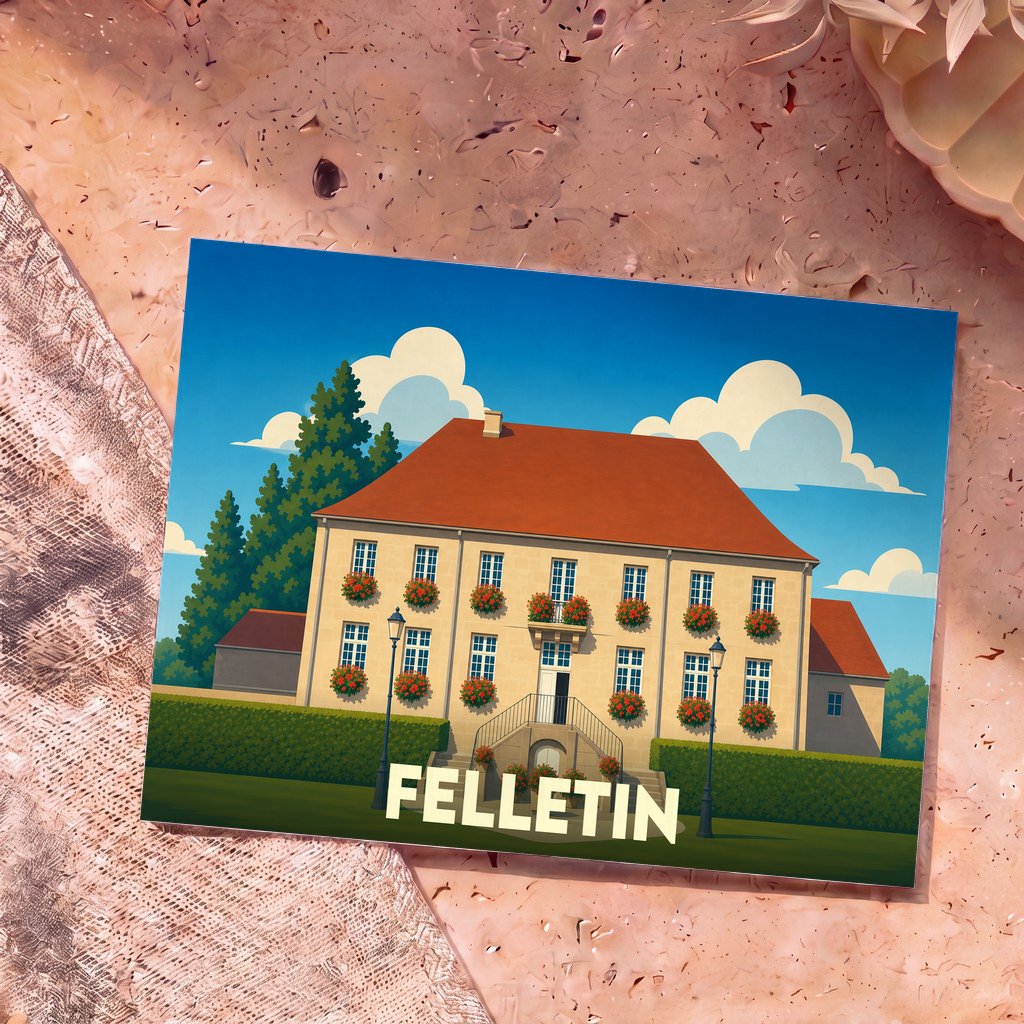 Carte postale souvenir de la ville de Felletin avec une illustration stylisée d'un manoir fleuri.