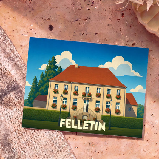 Carte postale souvenir de la ville de Felletin avec une illustration stylisée d'un manoir fleuri.