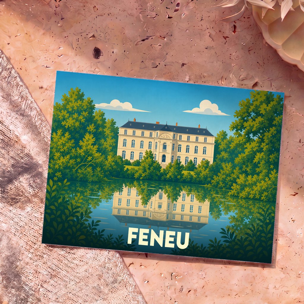 Carte postale souvenir de la ville de Feneu avec une illustration stylisée d'un château se reflétant dans l'eau.