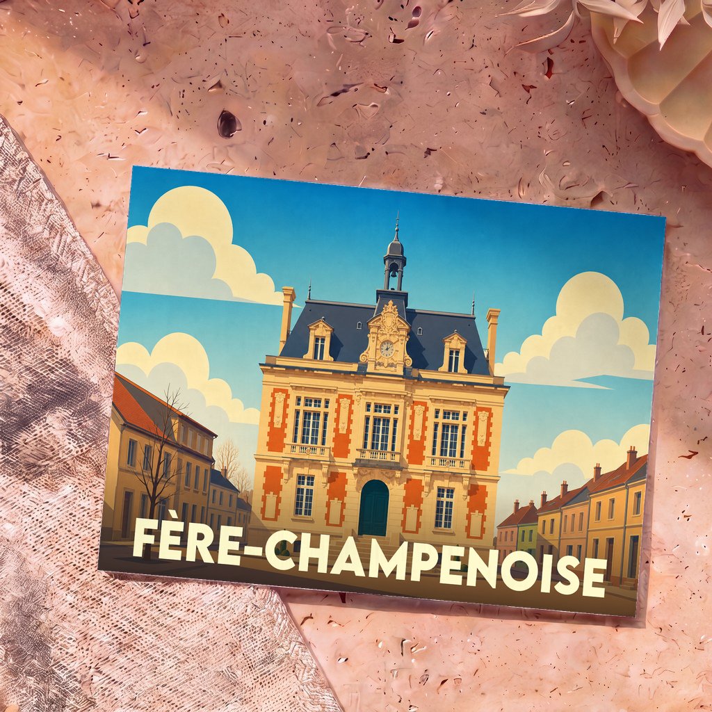 Carte postale souvenir de la ville de Fère-Champenoise avec une illustration stylisée de son hôtel de ville.