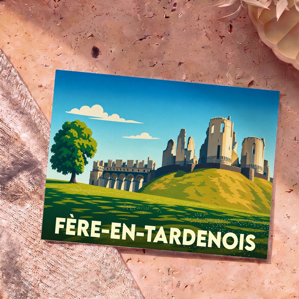 Carte postale souvenir de la ville de Fère-en-Tardenois avec une illustration stylisée de son château médiéval en ruines.