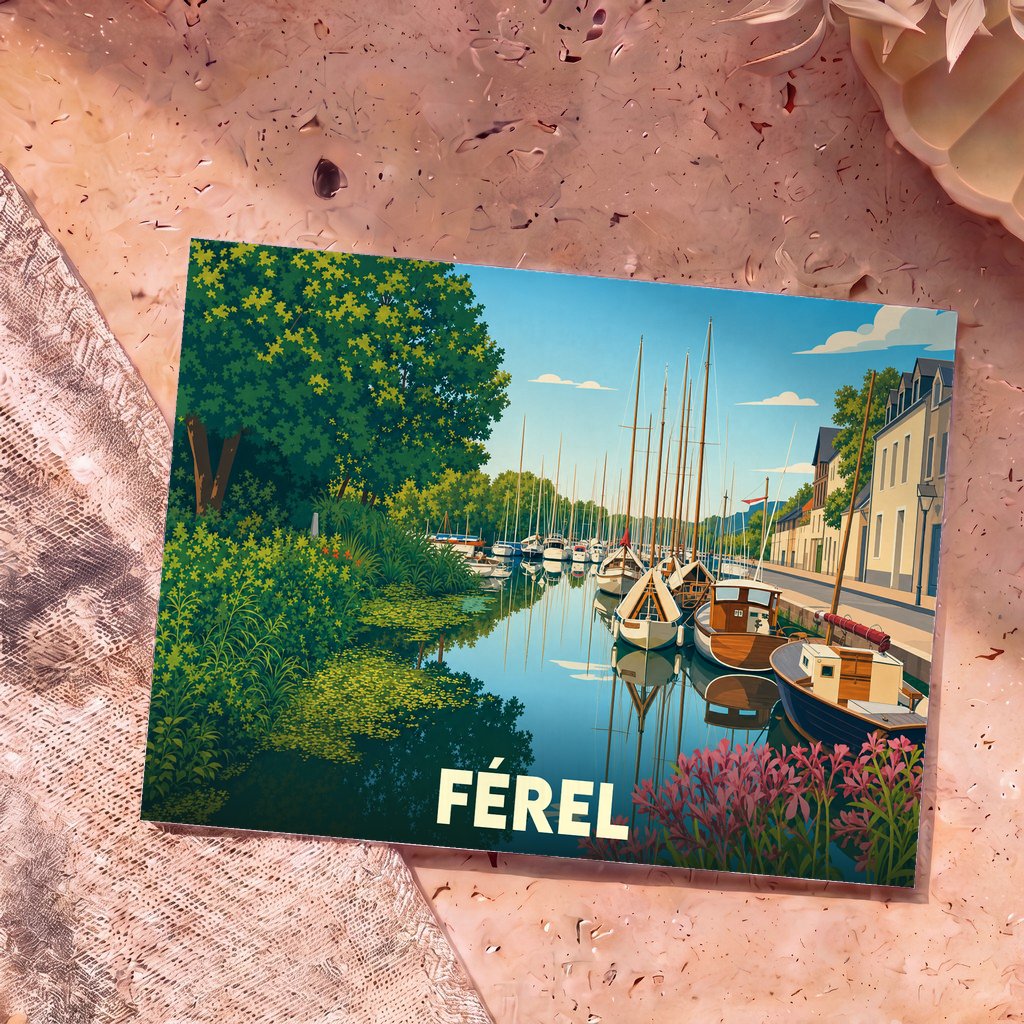 Carte postale souvenir de la ville de Férel avec une illustration stylisée de son port de plaisance.