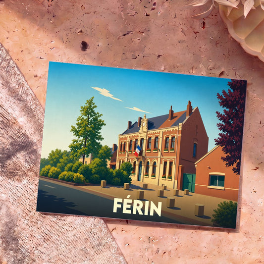 Carte postale souvenir de la ville de Férin avec une illustration stylisée de l'hôtel de ville.