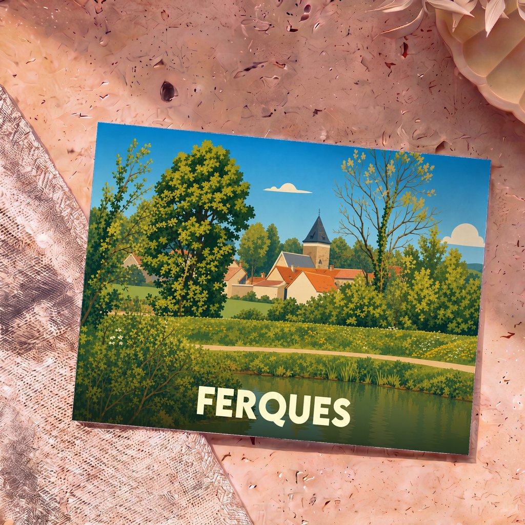 Carte postale souvenir de la ville de Ferques avec une illustration stylisée d'un village paisible au bord de l'eau.