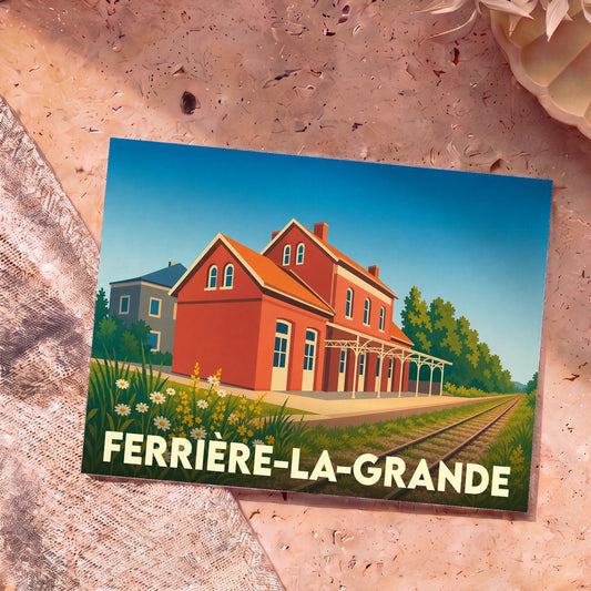 Carte postale souvenir de la ville de Ferrière-la-Grande avec une illustration stylisée de son ancienne gare.