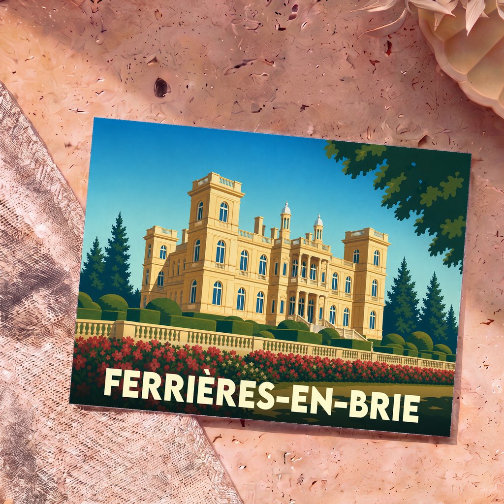 Carte postale souvenir de Ferrières-en-Brie avec une illustration stylisée de son château.
