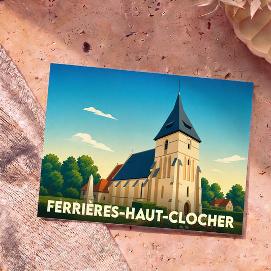 Carte postale souvenir de la ville de Ferrières-Haut-Clocher avec une illustration stylisée de son église.