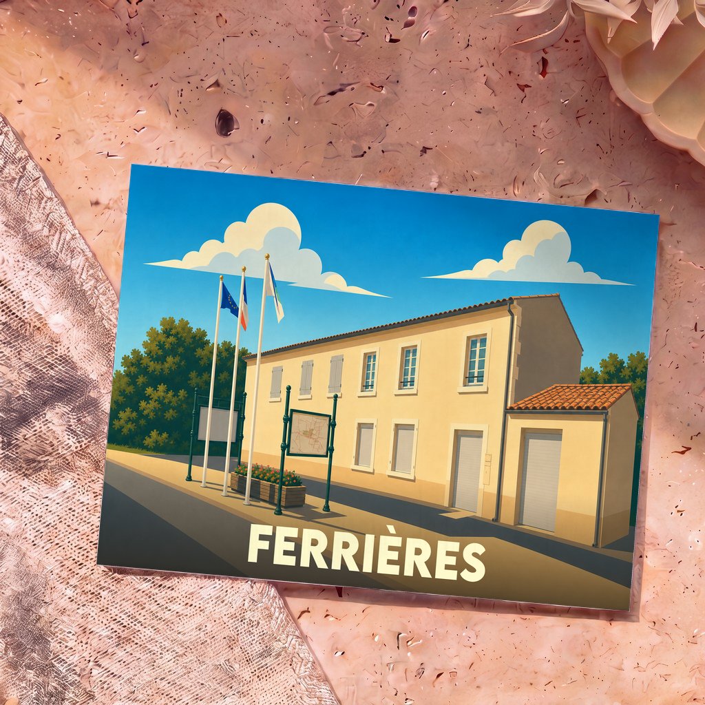 Carte postale souvenir de la ville de Ferrières avec une illustration stylisée d'un bâtiment municipal sous un ciel bleu.