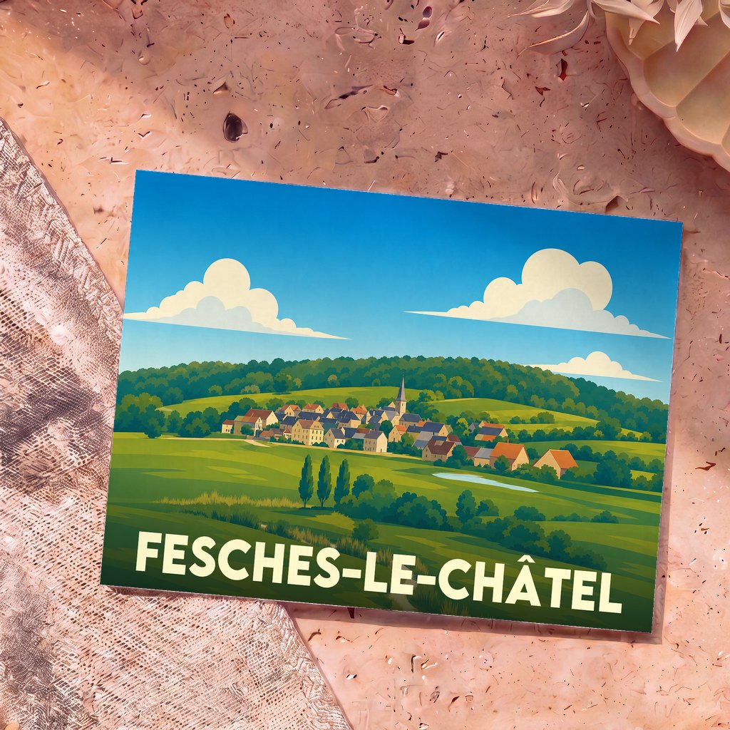 Carte postale souvenir de la ville de Fesches-le-Châtel avec une illustration stylisée de son paysage rural.