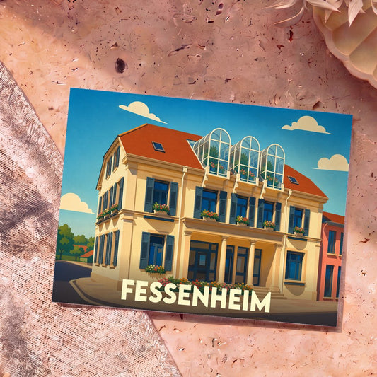 Carte postale souvenir de la ville de Fessenheim présentant une illustration stylisée d'un bâtiment alsacien coloré.